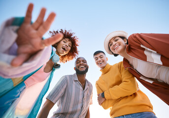Portrait, smile and a group of friends on a blue sky outdoor together for freedom, bonding or fun from below. Diversity, travel or summer with happy men and women laughing outside on vacation - obrazy, fototapety, plakaty
