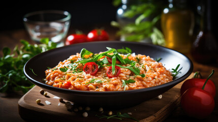 a delicious tomato risotto in a bowl in a restaurant.