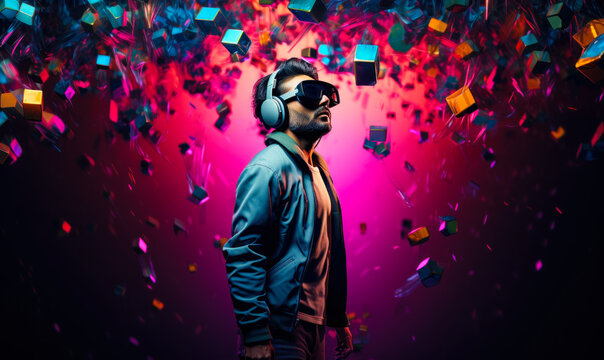 Futuristic Technology: Man in VR Headset and Smart Glasses in Metaverse: A man in a VR headset and smart glasses, exploring the Metaverse, a futuristic digital world.