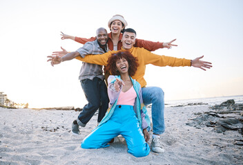 Friends, beach and portrait of excited people outdoor for travel motivation or fun on sand....