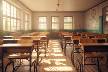 Traditional classroom setting with desks and chalkboard in a school