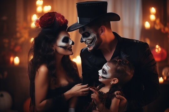 Family joyfully dressed in coordinated Halloween costumes, ready to celebrate