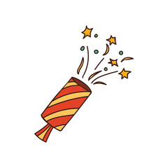 Party cracker colorful doodle illustration. Party firecracker colorful hand drawn icon on white.