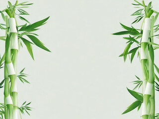 Naklejka premium Green bamboo leaves and shoots framing white background in flat lay composition