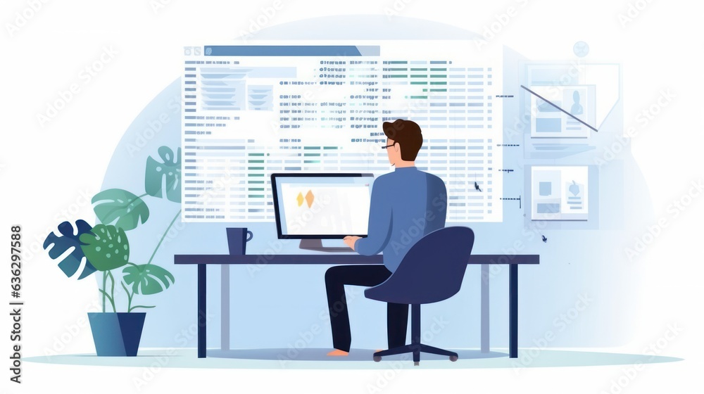 Poster people sitting in front of the computer and write computer code illustration