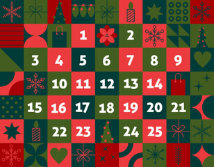 Christmas advent calendar. Holiday Advent December calendar date. Bauhaus Christmas border design vector illustration. Countdown to Christmas Day. Holiday Symbols of celebration design - obrazy, fototapety, plakaty