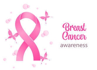 Breast Cancer Awareness Ribbon Background. Health care and medical info. Butterfly and pink ribbon. Vector illustration