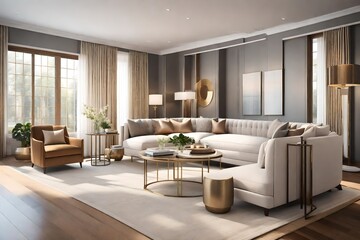 modern living room with fireplace, rendering of a full furnished living room