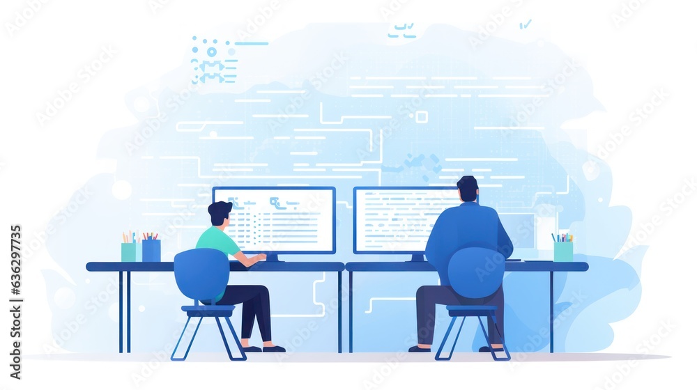 Poster people sitting in front of the computer and write computer code illustration