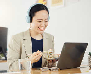 Japanese business woman, laptop and sushi on lunch, video or movie in office for thinking, headphones and happy. Asian entrepreneur, eating seafood and comedy with computer, chopsticks and streaming