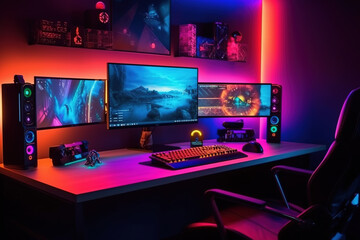 Computer Gaming PC on video gaming desk in a dark room with neon light. Gaming Chair Monitor, transparent computer, chair, light