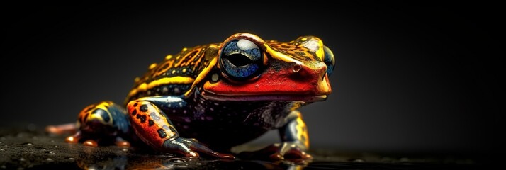 close up of a red and yellow dart frog with black dots