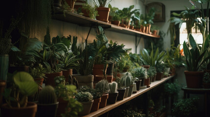 Shelf with many different houseplants in store.