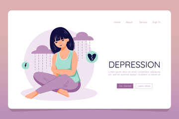 Depression concept. Mental illness female web landing banner template