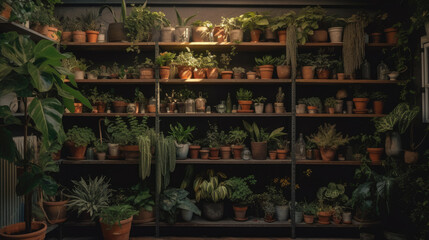 Shelf with many different houseplants in store.