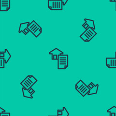 Blue line House contract icon isolated seamless pattern on green background. Contract creation service, document formation, application form composition. Vector