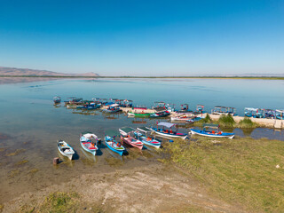 Decorated excursion boats in Isikli lake in Civril, Denizli