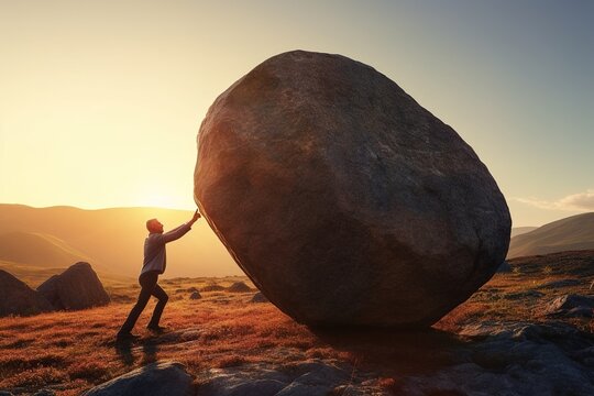 Business man pushing large stone up to hill. Business heavy tasks and problems concept.