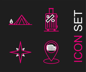 Set line Map pointer with Coliseum in Rome, Italy, Wind rose, Suitcase for travel and stickers and Tourist tent wood fire icon. Vector