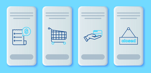 Set line Shopping cart, Human hand holding with credit card, Paper check financial check and Hanging sign text Closed icon. Vector