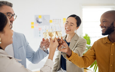 Success, toast and champagne with business people in office for winner, celebration and support. Teamwork, party and friends with employees and cheers for community, achievement and congratulations