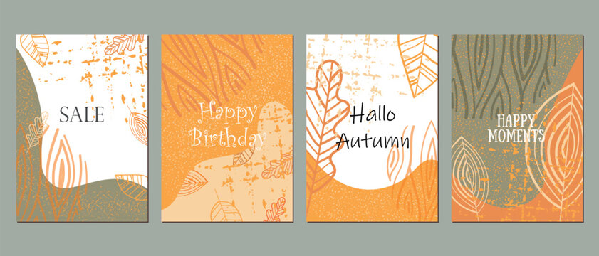 A set of postcards. Birthday card. Discount, sale. Hello autumn. Save the date. Invitation. Flowers and leaves are hand drawn