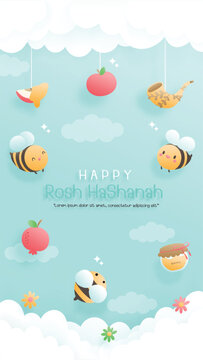 Happy Rosh Hashanah papercut style.Instagram Story. Vector illustration