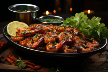 Fototapeta premium platter of juicy grilled shrimp skewers, lightly seasoned with garlic and herbs, ai generated.