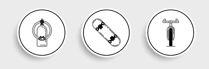 Set line Bicycle, Aqualung and Skateboard trick icon. Vector