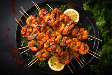 platter of juicy grilled shrimp skewers, lightly seasoned with garlic and herbs, ai generated.