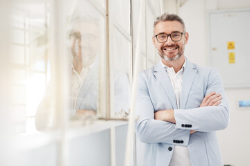 Smile, executive and portrait of a businessman with arms crossed in an office for professional pride. Happy, corporate and a mature manager or ceo working with confidence in workplace management - obrazy, fototapety, plakaty