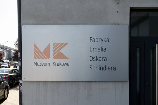 Oskar Schindler's Enamel Factory logo sign. Schindler Factory museum building, historical site, Cracow Zabłocie district. Fabryka Emalia Oskara Schindlera Kraków on August 12, 2023 in Krakow, Poland.