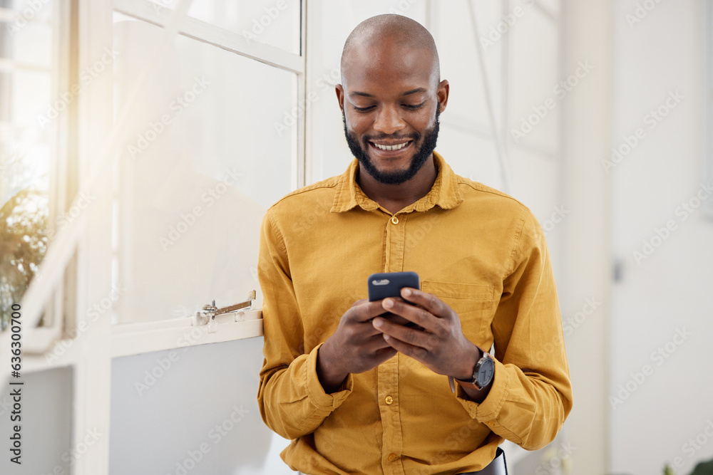 Poster business, happy black man and typing with phone in office for social network, mobile website and int