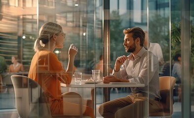 Beautiful business partners entrepreneurs having a meeting in a cafe.