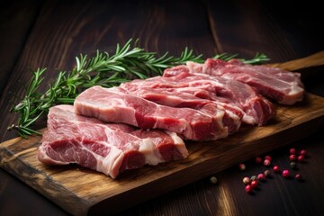 Fototapeta premium Raw sliced pork meat on chopping board.