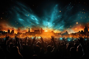 Silhouettes of dancing people with raised hands at concert. Illustration of crowd at music festival with colorful lights against the backdrop of the night city. - 636301153