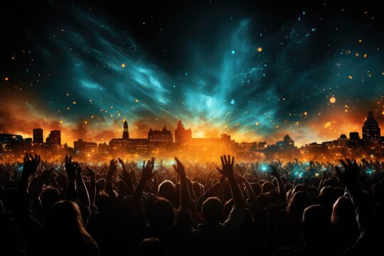 Silhouettes of dancing people with raised hands at concert. Illustration of crowd at music festival with colorful lights against the backdrop of the night city.