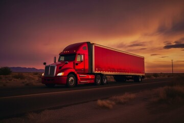 Bright red big rig truck hauling cargo in a dry van trailer on an evening highway road. Generative AI