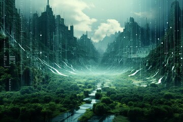 Digitized future landscape teeming with data and flowing binary code. Generative AI