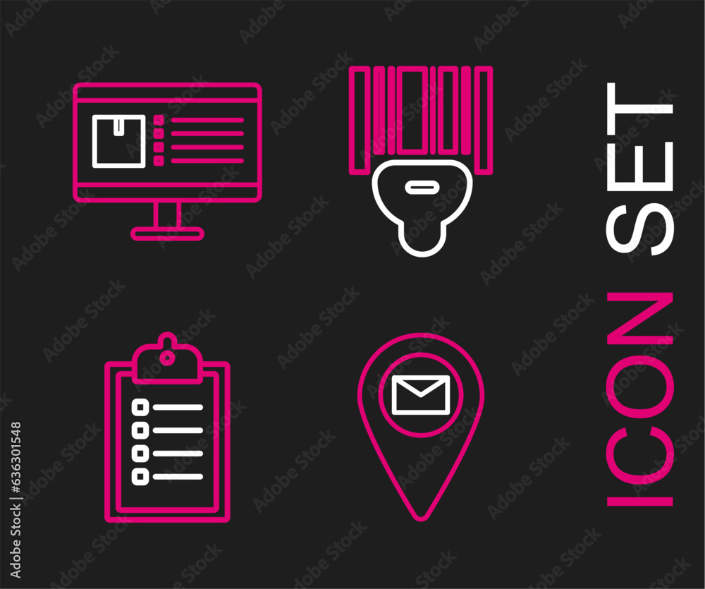 Poster set line placeholder on map paper, verification of delivery list clipboard, scanner scanning bar cod