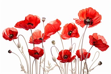 Artistic detail of red poppy flowers on a white background. Generative AI