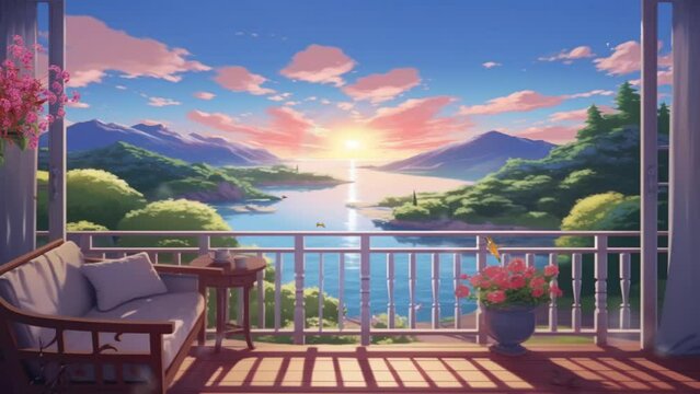 Beautiful sky fantasy landscape from the balcony of the house. animation cartoon style video art design