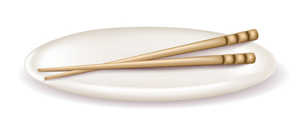 3d realistic bamboo chopsticks for sushi on a white plate. Traditional asian cutlery hashi closeup isolated on transparent background. Vector plastic kitchen utensils