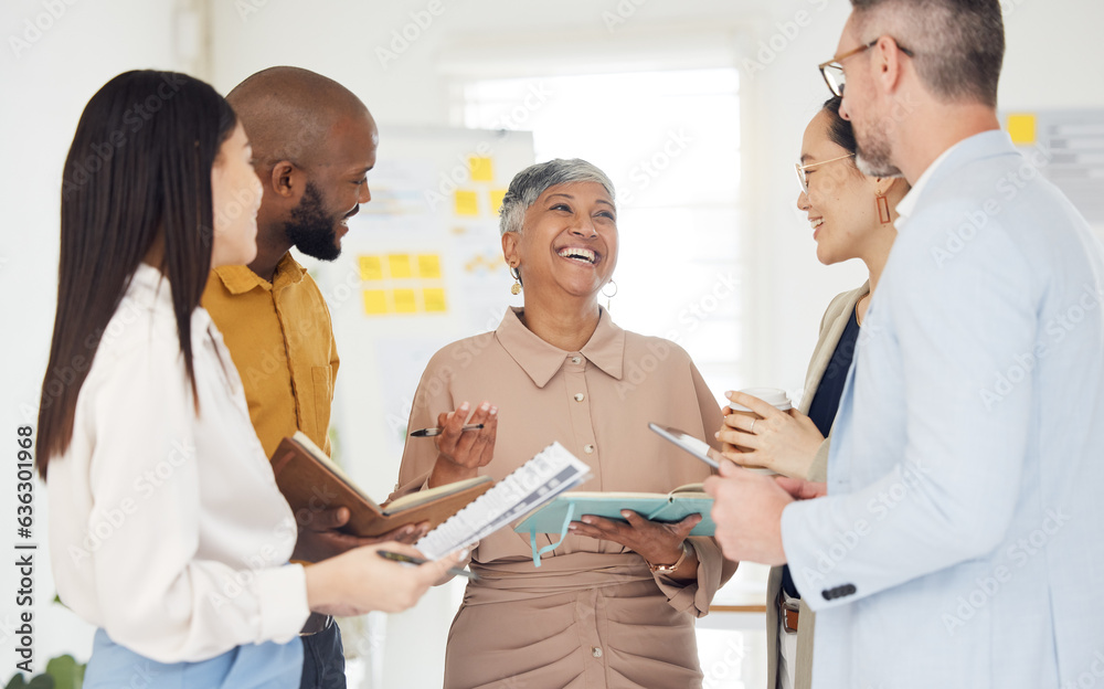 Poster tablet, collaboration and documents with a business team laughing in the office during a meeting. te