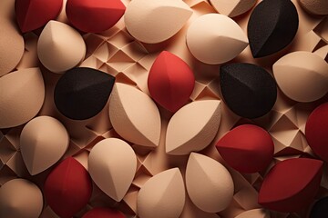 Geometric pattern of makeup sponges on a beige background. Red and beige sponges., generative IA