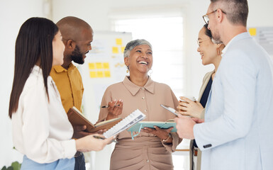 Obraz premium Tablet, collaboration and documents with a business team laughing in the office during a meeting. Technology, paper and funny with a manager talking to an employee group in a professional workplace