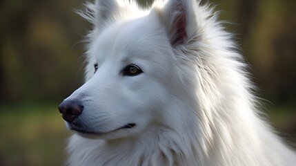 Fototapeta premium Close up of white Siberian Husky dog looking at something, nature background. Generative AI.