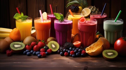 Fototapeta na wymiar Vibrant and Refreshing Fresh Juices and Smoothies Arranged Artfully on a Rustic Wooden Desk, Surrounded by an Abundance of Luscious and Colorful Fresh Fruits – A Feast for the Senses!. Generative AI