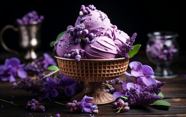 Exquisite Antique Plum Ice Cream Adorned with Purple Blooms. Generative AI