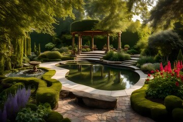 Fototapeta premium fountain in the garden, gazebo in the garden, Beautiful ornamental garden